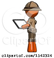 Poster, Art Print Of Orange Explorer Ranger Man Looking At Tablet Device Computer With Back To Viewer