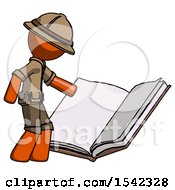 Orange Explorer Ranger Man Reading Big Book While Standing Beside It