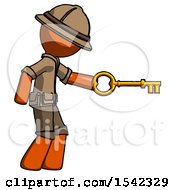 Orange Explorer Ranger Man With Big Key Of Gold Opening Something