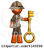 Poster, Art Print Of Orange Explorer Ranger Man Holding Key Made Of Gold