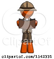 Poster, Art Print Of Orange Explorer Ranger Man Reading Book While Standing Up Facing Viewer