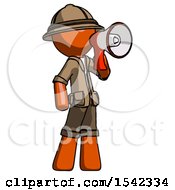 Poster, Art Print Of Orange Explorer Ranger Man Shouting Into Megaphone Bullhorn Facing Right