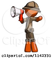 Poster, Art Print Of Orange Explorer Ranger Man Shouting Into Megaphone Bullhorn Facing Left