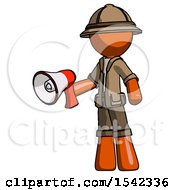 Poster, Art Print Of Orange Explorer Ranger Man Holding Megaphone Bullhorn Facing Right