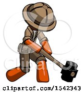 Poster, Art Print Of Orange Explorer Ranger Man Hitting With Sledgehammer Or Smashing Something At Angle