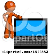 Poster, Art Print Of Orange Design Mascot Man Beside Large Laptop Computer Leaning Against It