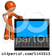 Poster, Art Print Of Orange Design Mascot Woman Beside Large Laptop Computer Leaning Against It