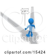 Blue Person Standing On A Path That Forks Off Into Two Different Directions Trying To Decide Which Way To Go While Facing Arrow Signs Clipart Illustration Image by 3poD