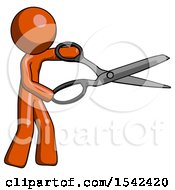 Orange Design Mascot Man Holding Giant Scissors Cutting Out Something