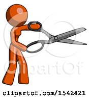 Orange Design Mascot Woman Holding Giant Scissors Cutting Out Something