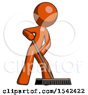 Orange Design Mascot Man Cleaning Services Janitor Sweeping Floor With Push Broom