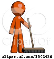 Orange Design Mascot Man Standing With Industrial Broom