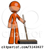 Orange Design Mascot Woman Standing With Industrial Broom
