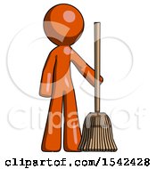 Orange Design Mascot Man Standing With Broom Cleaning Services