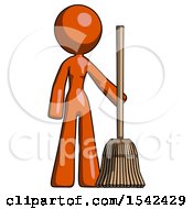 Orange Design Mascot Woman Standing With Broom Cleaning Services
