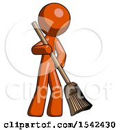 Orange Design Mascot Man Broom Fighter Defense Pose