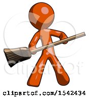 Orange Design Mascot Man Broom Fighter Defense Pose