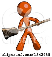 Orange Design Mascot Woman Broom Fighter Defense Pose