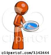Orange Design Mascot Man Looking At Large Compass Facing Right