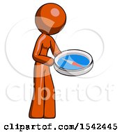 Poster, Art Print Of Orange Design Mascot Woman Looking At Large Compass Facing Right