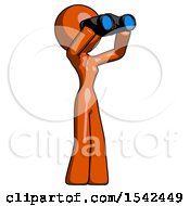 Orange Design Mascot Woman Looking Through Binoculars To The Right
