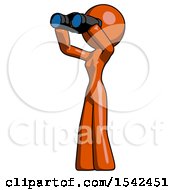 Orange Design Mascot Woman Looking Through Binoculars To The Left