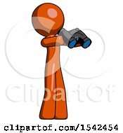 Orange Design Mascot Man Holding Binoculars Ready To Look Right