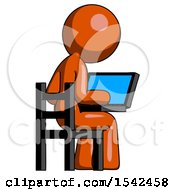 Orange Design Mascot Woman Using Laptop Computer While Sitting In Chair View From Back