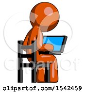 Poster, Art Print Of Orange Design Mascot Man Using Laptop Computer While Sitting In Chair View From Back