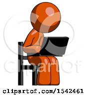 Poster, Art Print Of Orange Design Mascot Man Using Laptop Computer While Sitting In Chair Angled Right