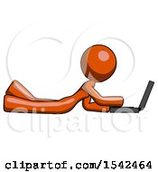 Poster, Art Print Of Orange Design Mascot Woman Using Laptop Computer While Lying On Floor Side View
