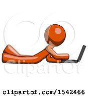 Orange Design Mascot Man Using Laptop Computer While Lying On Floor Side View