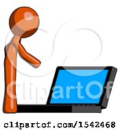 Poster, Art Print Of Orange Design Mascot Man Using Large Laptop Computer Side Orthographic View