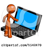 Orange Design Mascot Woman Using Large Laptop Computer