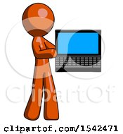 Poster, Art Print Of Orange Design Mascot Man Holding Laptop Computer Presenting Something On Screen