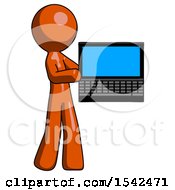 Orange Design Mascot Man Holding Laptop Computer Presenting Something On Screen
