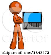 Poster, Art Print Of Orange Design Mascot Woman Holding Laptop Computer Presenting Something On Screen