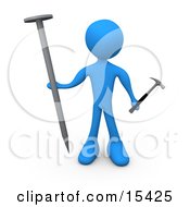 Blue Person Holding A Large Nail And A Tiny Hammer Stuck Dealing With Trying To Accomplish A Complicated Task