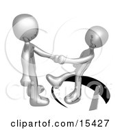 Unsuspecting Silver Man Shaking Hands On A Deal With Another Man As A Saw Cuts A Circle Out From Under Him And He Slips