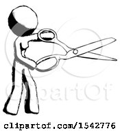 Ink Design Mascot Woman Holding Giant Scissors Cutting Out Something