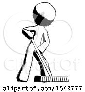 Ink Design Mascot Man Cleaning Services Janitor Sweeping Floor With Push Broom