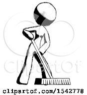 Poster, Art Print Of Ink Design Mascot Woman Cleaning Services Janitor Sweeping Floor With Push Broom