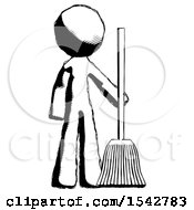 Ink Design Mascot Man Standing With Broom Cleaning Services