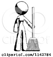 Ink Design Mascot Woman Standing With Broom Cleaning Services