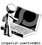 Ink Design Mascot Man Using Large Laptop Computer