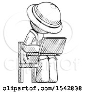 Poster, Art Print Of Halftone Explorer Ranger Man Using Laptop Computer While Sitting In Chair Angled Right