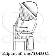Poster, Art Print Of Halftone Explorer Ranger Man Using Laptop Computer While Sitting In Chair View From Side