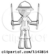 Poster, Art Print Of Halftone Explorer Ranger Man Posing With Two Ninja Sword Katanas Up