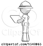 Poster, Art Print Of Halftone Explorer Ranger Man Looking At Tablet Device Computer With Back To Viewer