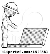 Halftone Explorer Ranger Man Using Large Laptop Computer Side Orthographic View